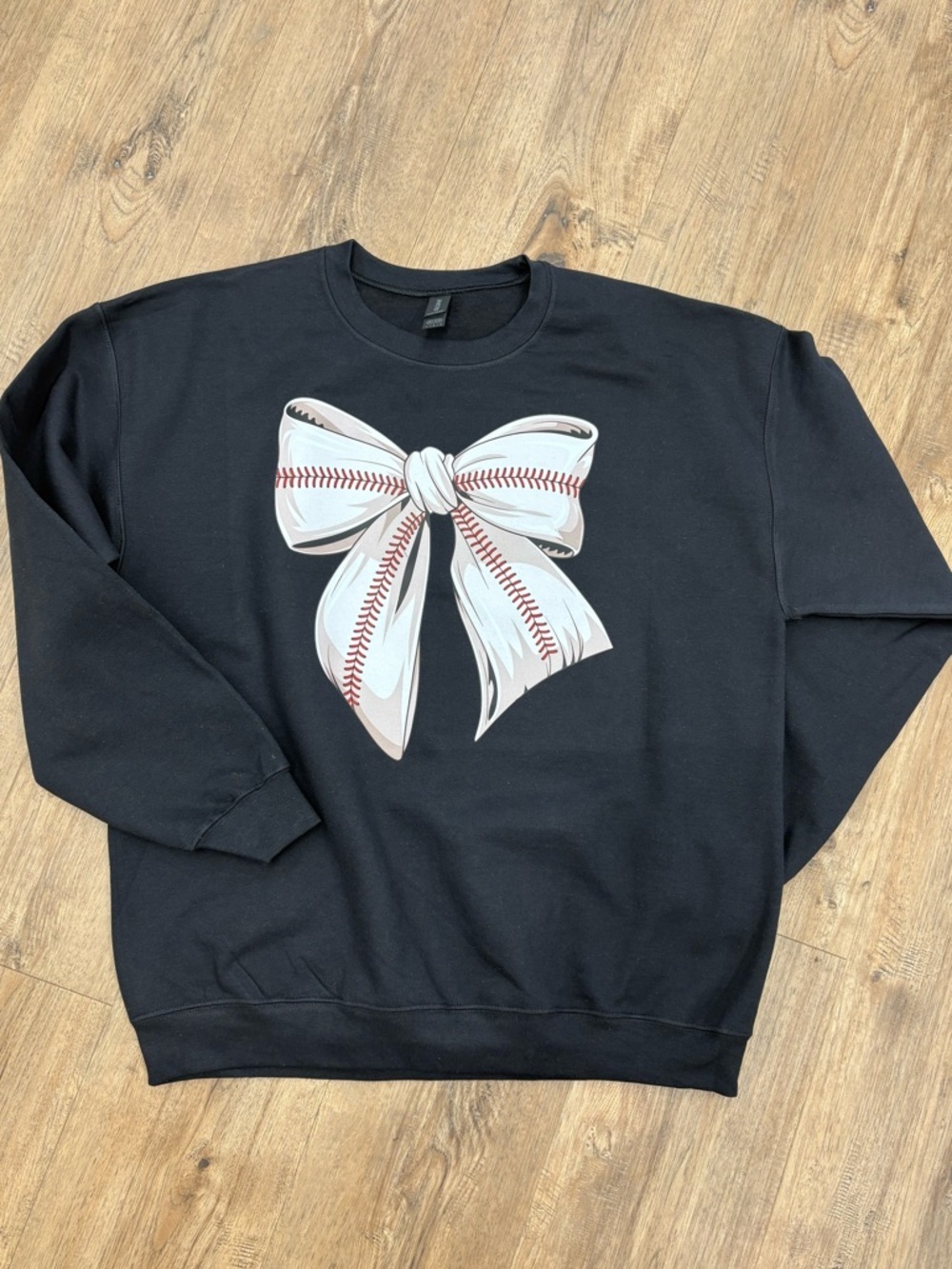 Gildan Black Crewneck Sweatshirt with White Baseball Bow - Picture 1 of 1